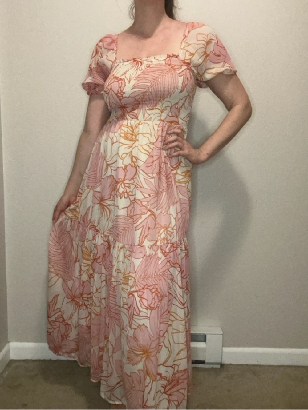 Patrons of Peace Pink Floral Shirred Cottagecore Maxi Dress Puff Sleeve Medium